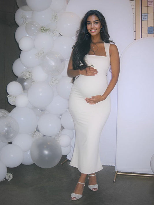 Color Sólido Tirantes Bodycon Ajustado Cóctel Para Baby Shower Maternidad Vestido Largo