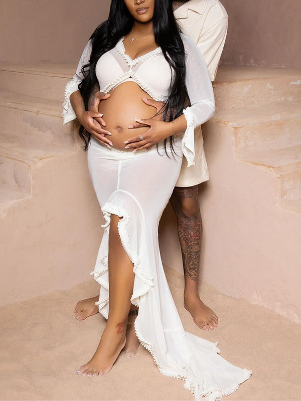 Blanco Transparente Volantes Calado Abertura Falbala Escote En V Profundo Sirena Elegante Vestido Largo De Foto De Maternidad