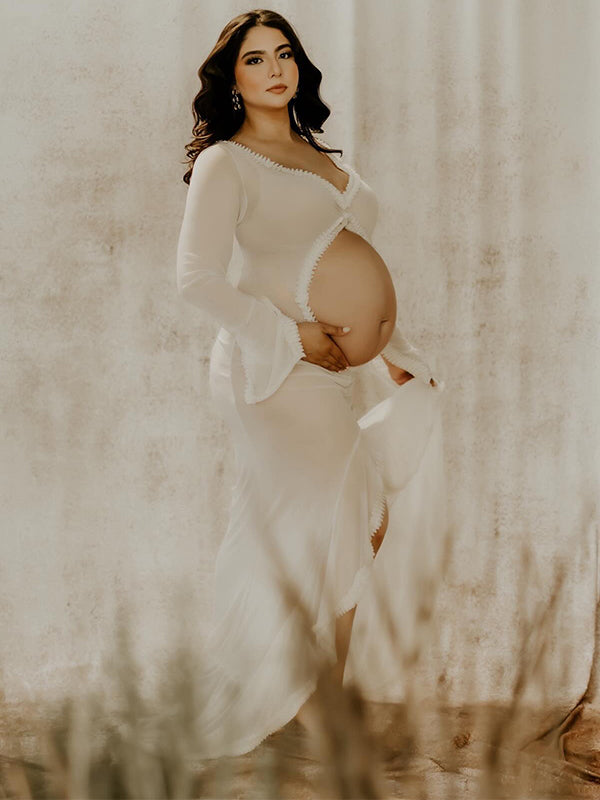 Blanco Transparente Volantes Calado Abertura Falbala Escote En V Profundo Sirena Elegante Vestido Largo De Foto De Maternidad