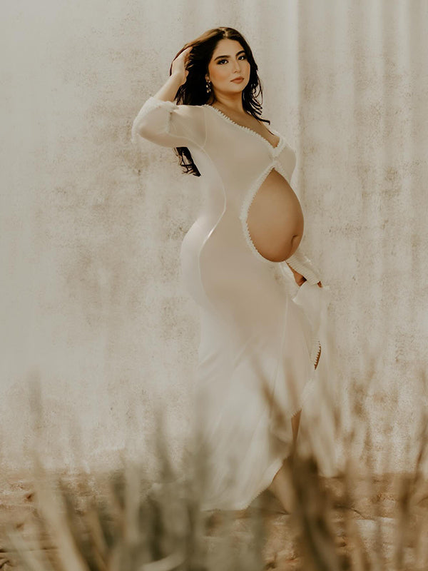 Blanco Transparente Volantes Calado Abertura Falbala Escote En V Profundo Sirena Elegante Vestido Largo De Foto De Maternidad