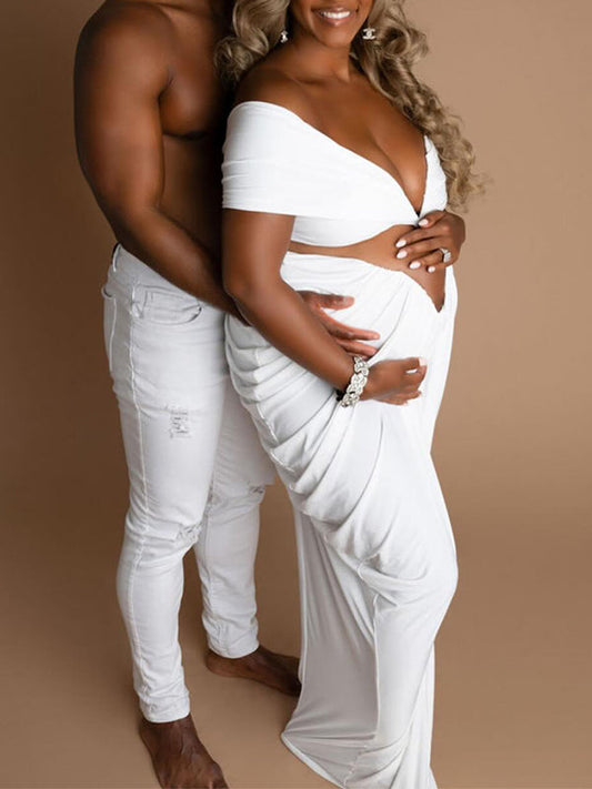 Vestido Maxi Maternidad con 2 en 1 con , Hombros Descubiertos y Fruncido para Fotos