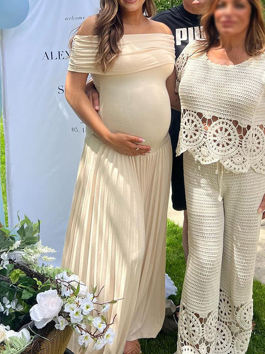Albaricoque Sin Hombros Acanalado Plisado Big Swing Maxivestido De Maternidad Para Baby Shower