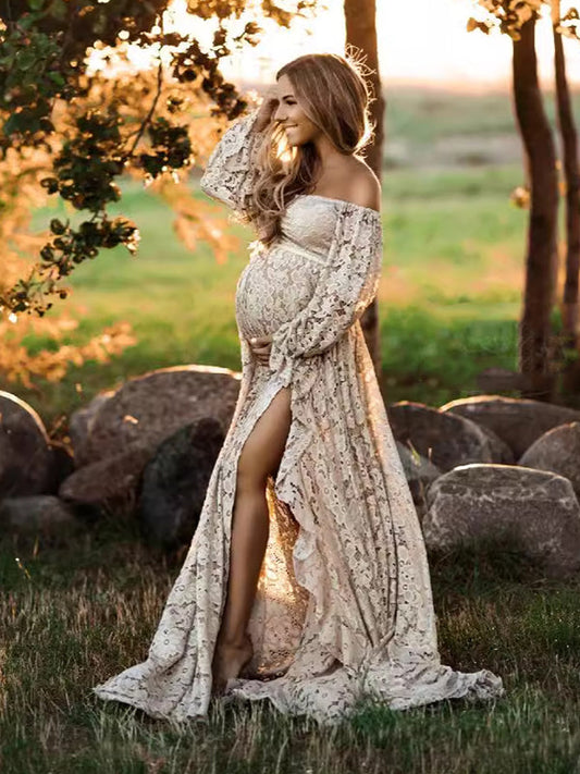 Bohemio Encaje Hombros Descubiertos Lace Borla Cultivos Conjunto De Dos Piezas Abertura Volantes Vestidos Largo De Foto De Maternidad