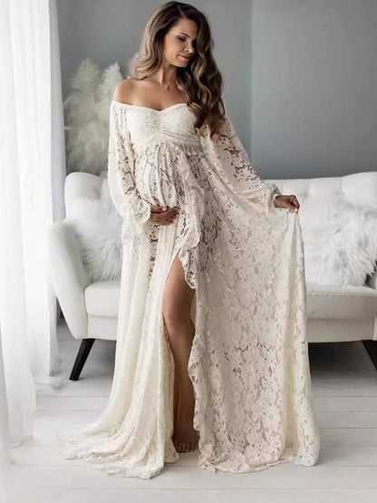Bohemio Encaje Hombros Descubiertos Lace Borla Cultivos Conjunto De Dos Piezas Abertura Volantes Vestidos Largo De Foto De Maternidad