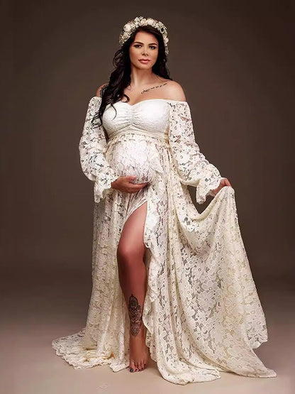 Bohemio Encaje Hombros Descubiertos Lace Borla Cultivos Conjunto De Dos Piezas Abertura Volantes Vestidos Largo De Foto De Maternidad