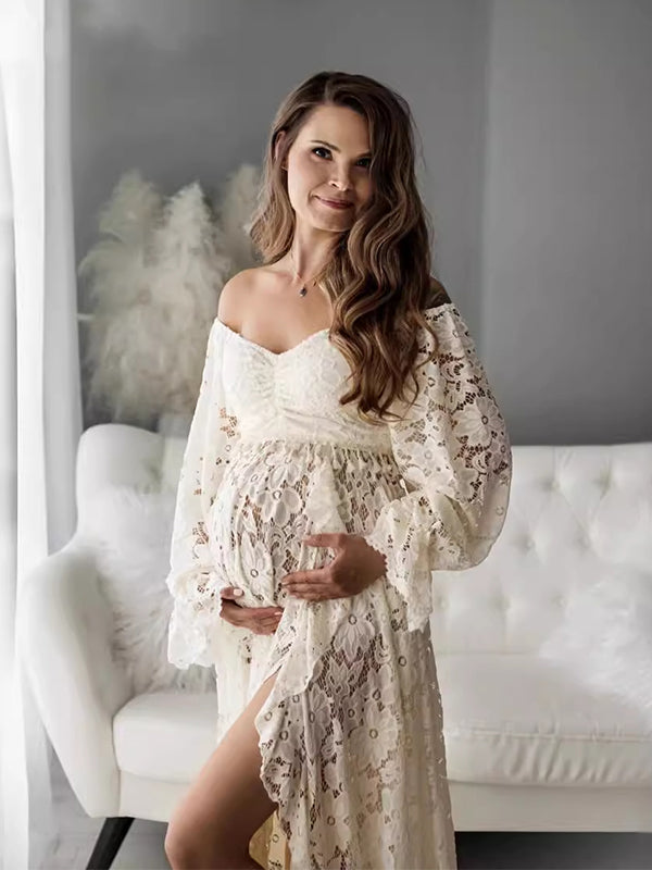 Bohemio Encaje Hombros Descubiertos Lace Borla Cultivos Conjunto De Dos Piezas Abertura Volantes Vestidos Largo De Foto De Maternidad