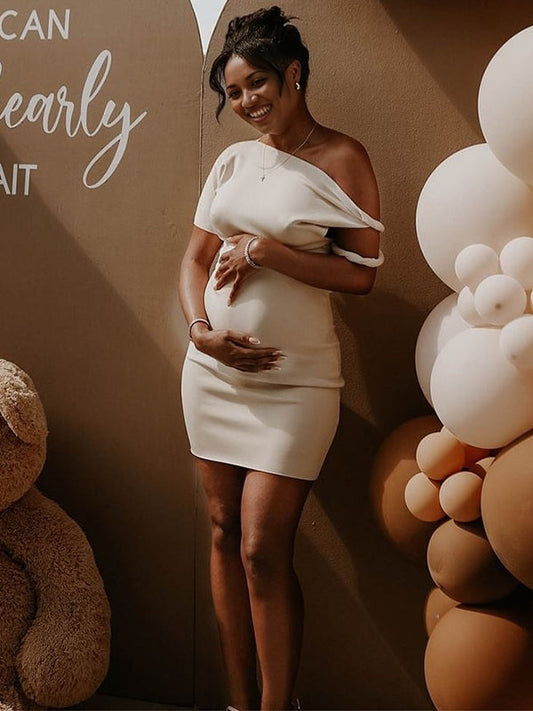 Albaricoque Irregular Neck Hombro Asimétrico Entallado Elegante Vestidos Corto Para Baby Shower