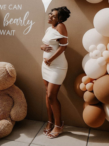 Albaricoque Irregular Neck Hombro Asimétrico Entallado Elegante Vestidos Corto Para Baby Shower