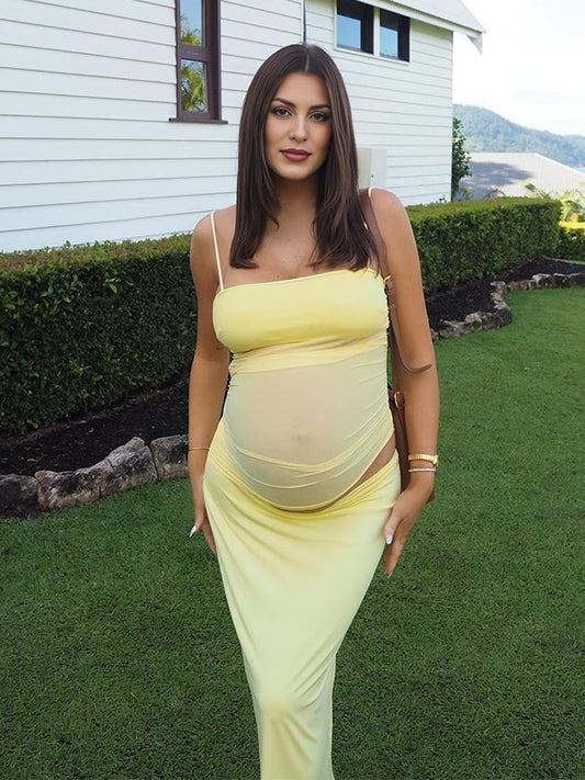 Amarillo 2-in-1 Sheer Sirena Ajustados Vacaciones Para Baby Shower Maternidad Vestido Largo