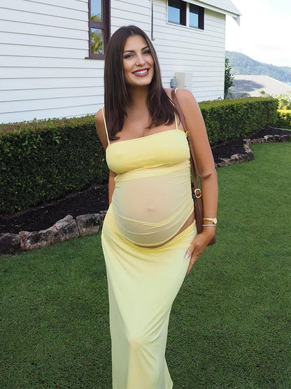 Amarillo 2-in-1 Sheer Sirena Ajustados Vacaciones Para Baby Shower Maternidad Vestido Largo