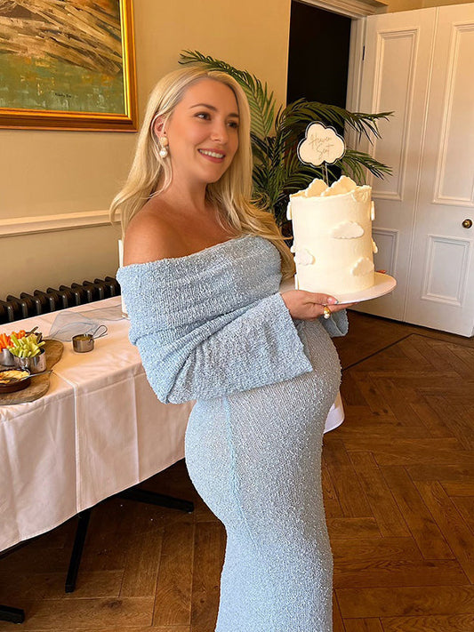 Azul De Punto Hombros Descubiertos Ajustado Manga Acampanad Elegante Vestidos Largo Para Baby Shower