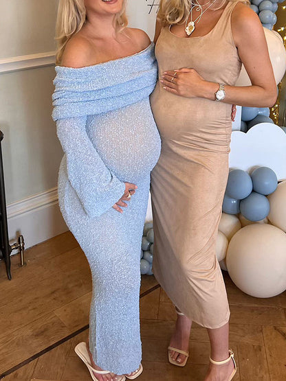 Azul De Punto Hombros Descubiertos Ajustado Manga Acampanad Elegante Vestidos Largo Para Baby Shower