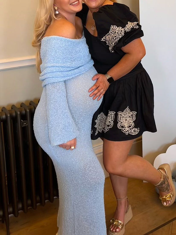 Azul De Punto Hombros Descubiertos Ajustado Manga Acampanad Elegante Vestidos Largo Para Baby Shower