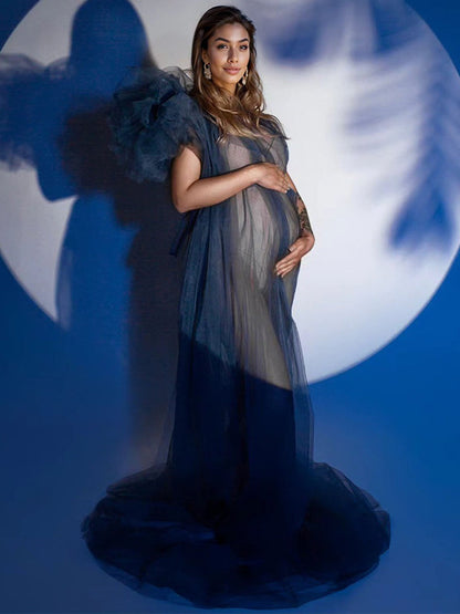 Vestido Maxi Maternidad De Tul Tutu Un Hombro Volantes Malla Para Fotos