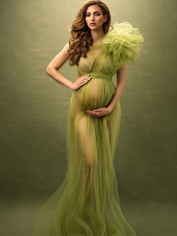 Vestido Maxi Maternidad De Tul Tutu Un Hombro Volantes Malla Para Fotos