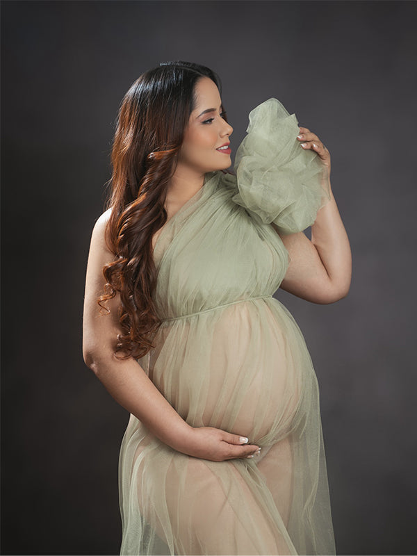 Vestido Maxi Maternidad De Tul Tutu Un Hombro Volantes Malla Para Fotos