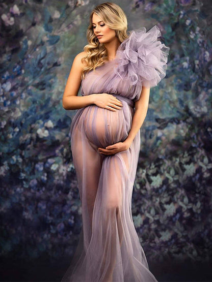 Vestido Maxi Maternidad De Tul Tutu Un Hombro Volantes Malla Para Fotos