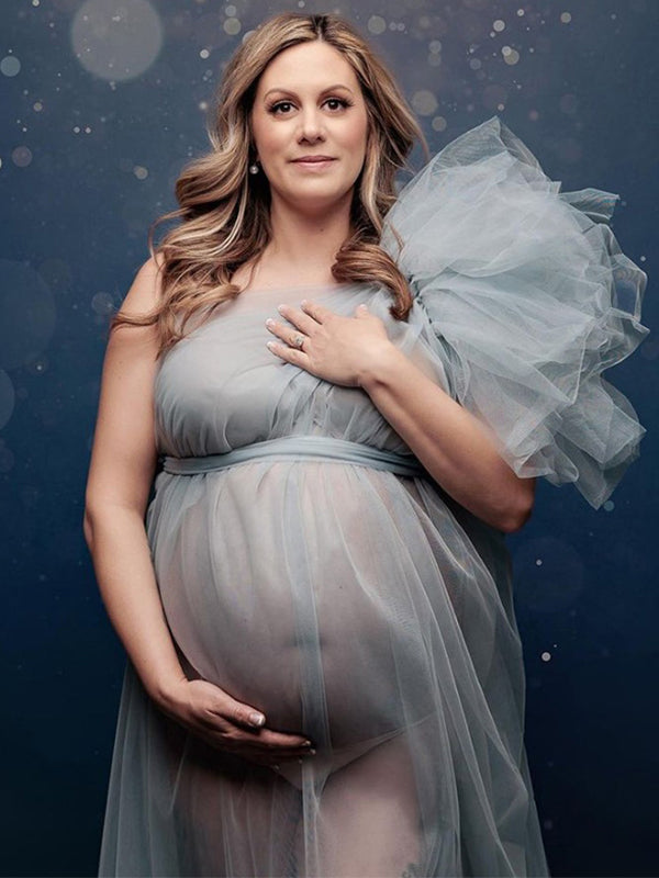 Vestido Maxi Maternidad De Tul Tutu Un Hombro Volantes Malla Para Fotos