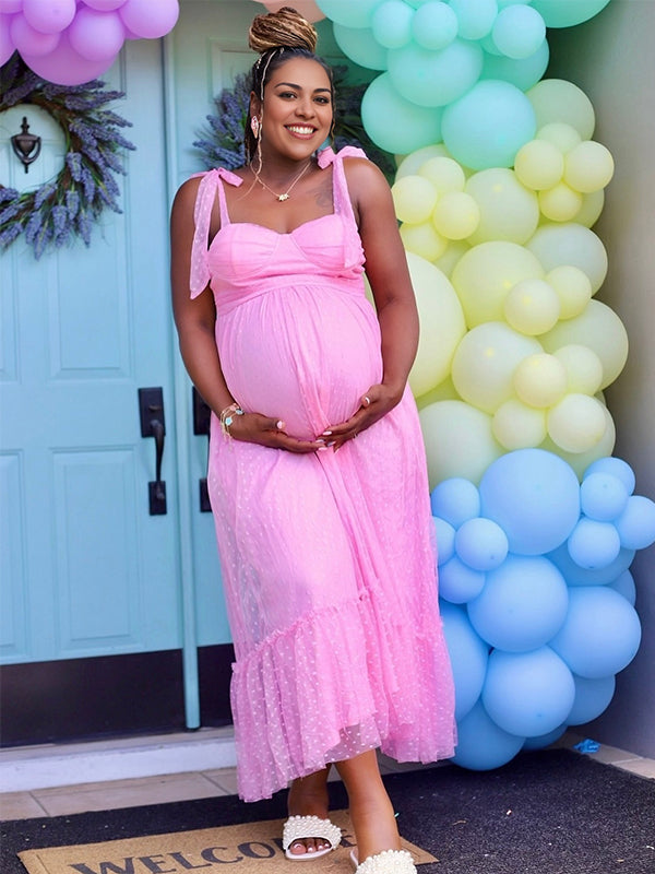 Vestido Maxi Maternidad Con Tirantes Finos Y Volantes Lazo Tul Para Fotos Y Baby Shower