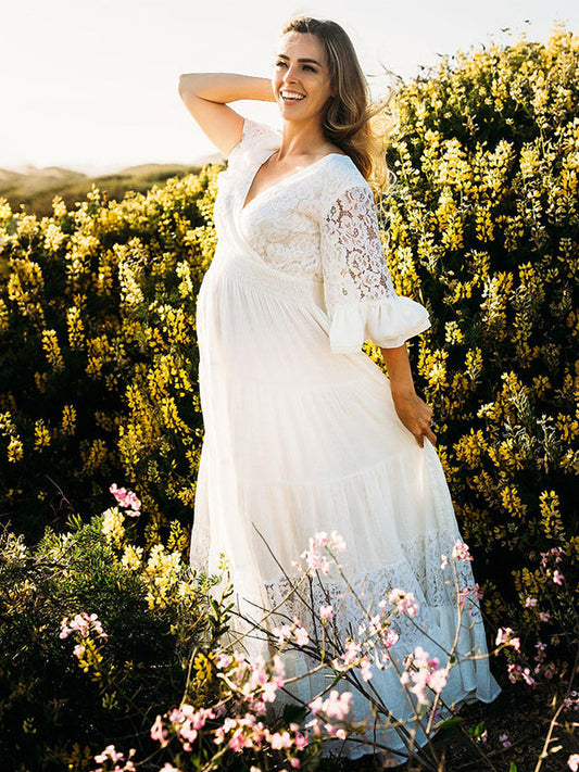 Vestido Largo De Premama Con Encaje Y  Volantes Para Embarazadas Sesión De Fotos