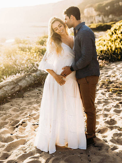 Vestido Largo De Premama Con Encaje Y  Volantes Para Embarazadas Sesión De Fotos