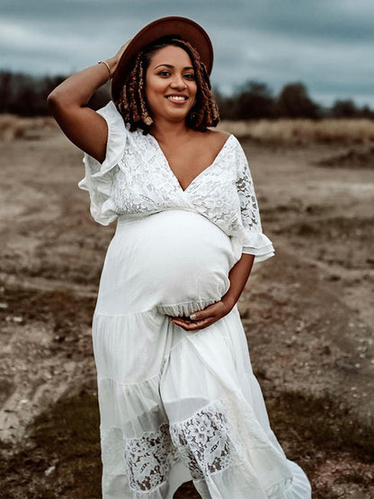 Vestido Largo De Premama Con Encaje Y  Volantes Para Embarazadas Sesión De Fotos