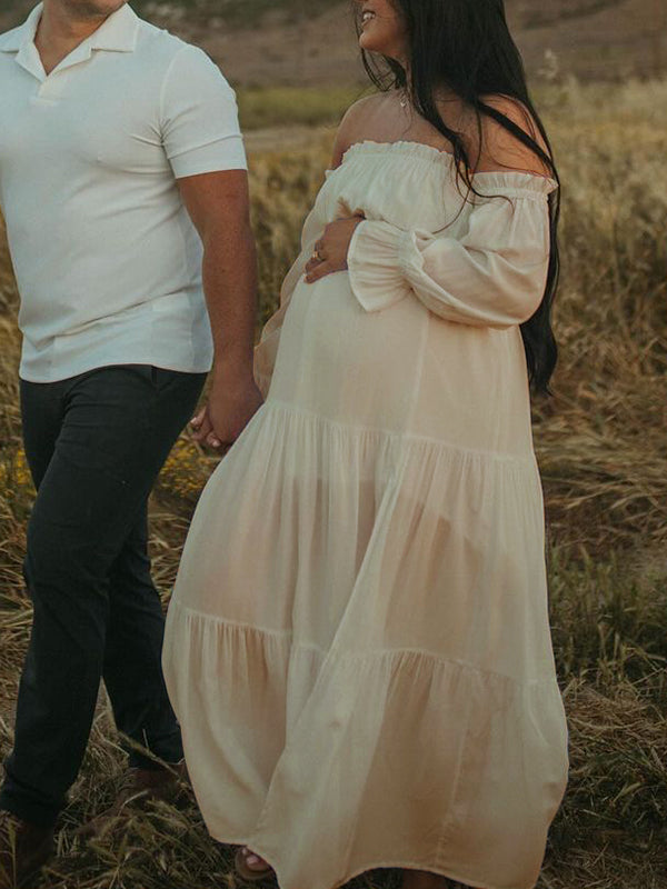 Fluido Sin Hombros Volantes Abertura Lateral Bohemio Elegante Fotografía Maternidad Vestido Largo