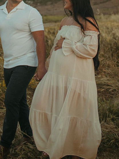 Fluido Sin Hombros Volantes Abertura Lateral Bohemio Elegante Fotografía Maternidad Vestido Largo