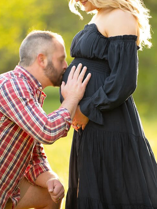 Fluido Sin Hombros Volantes Abertura Lateral Bohemio Elegante Fotografía Maternidad Vestido Largo