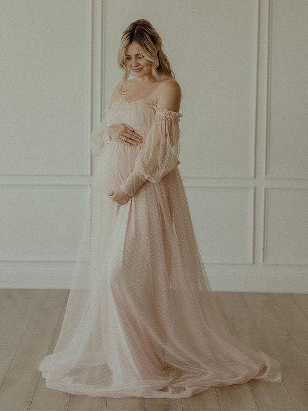 Sin Hombros Tul Lunares Elegante Vestido Largo De Foto De Maternidad