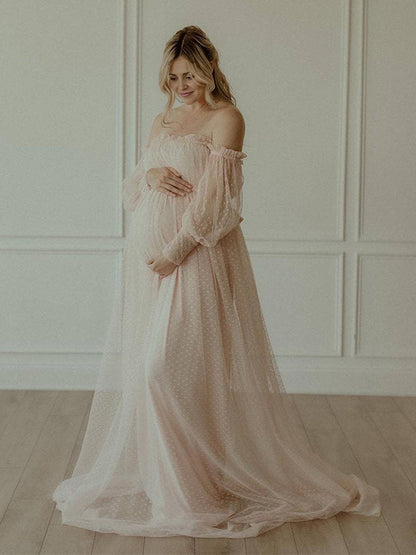 Sin Hombros Tul Lunares Elegante Vestido Largo De Foto De Maternidad
