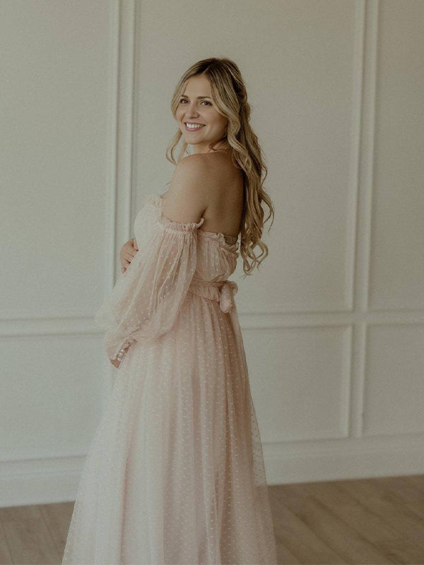 Sin Hombros Tul Lunares Elegante Vestido Largo De Foto De Maternidad