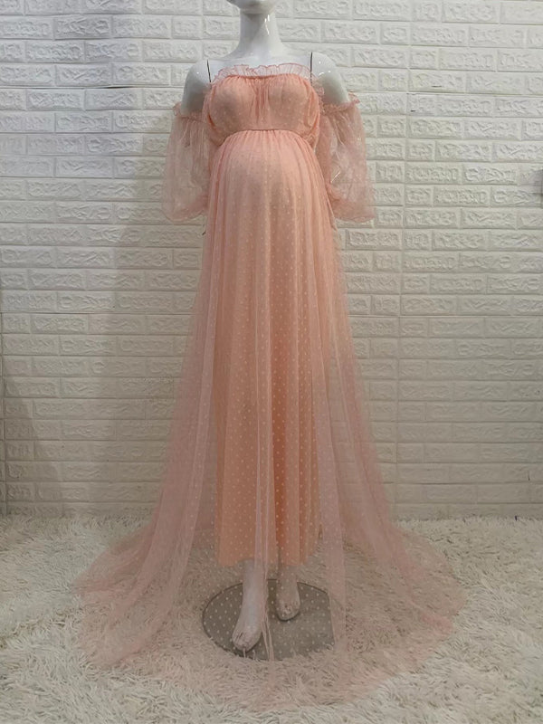 Sin Hombros Tul Lunares Elegante Vestido Largo De Foto De Maternidad