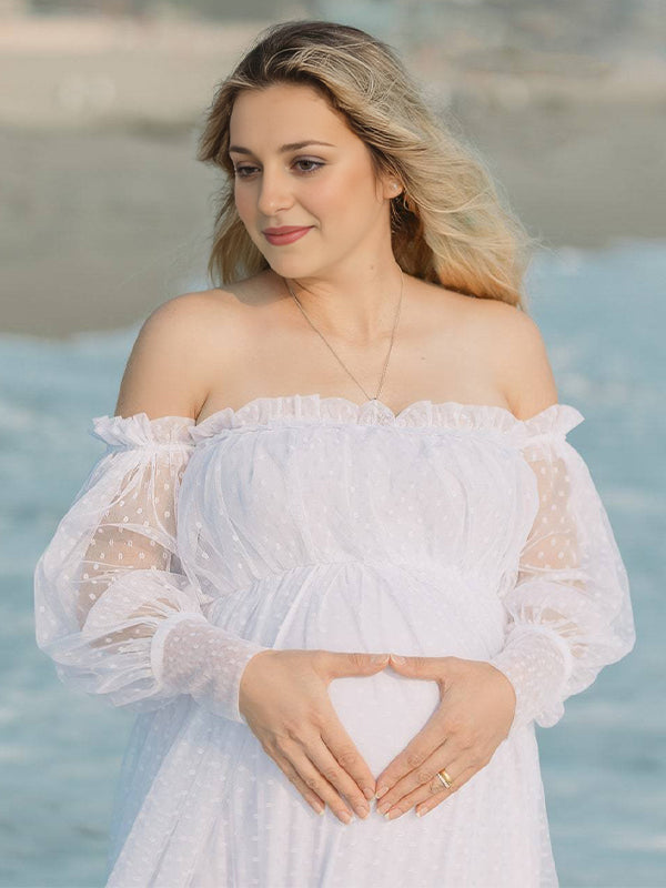 Sin Hombros Tul Lunares Elegante Vestido Largo De Foto De Maternidad