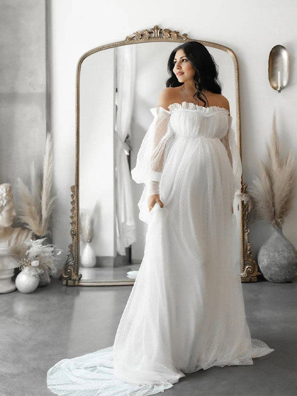 Sin Hombros Tul Lunares Elegante Vestido Largo De Foto De Maternidad