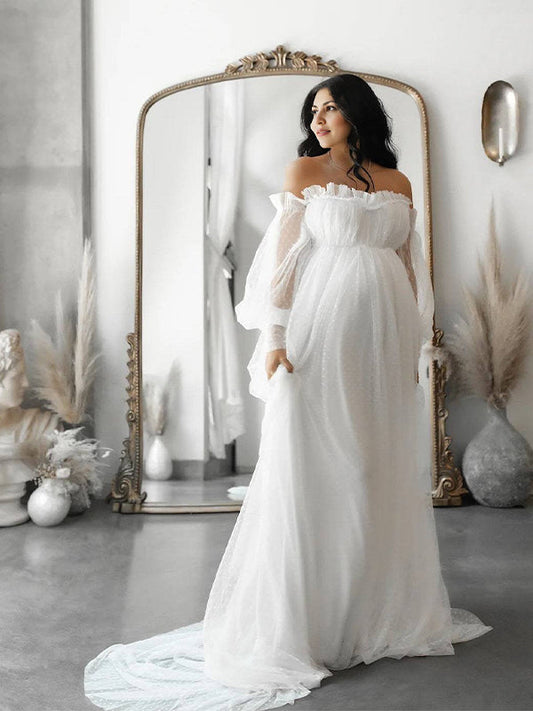 Sin Hombros Tul Lunares Elegante Vestido Largo De Foto De Maternidad