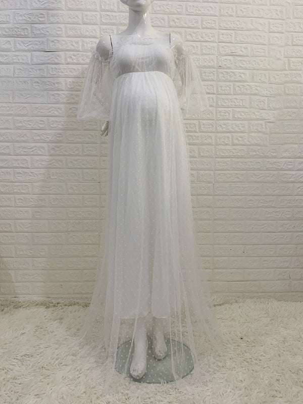 Sin Hombros Tul Lunares Elegante Vestido Largo De Foto De Maternidad