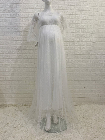 Sin Hombros Tul Lunares Elegante Vestido Largo De Foto De Maternidad
