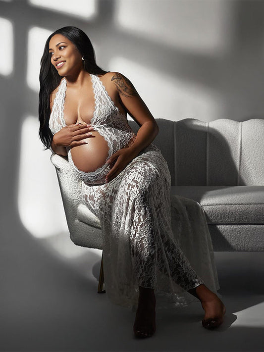 Vestido Largo De Maternidad Con  Transparencias, Perfecto Para Una Elegante Sesión De Fotografía