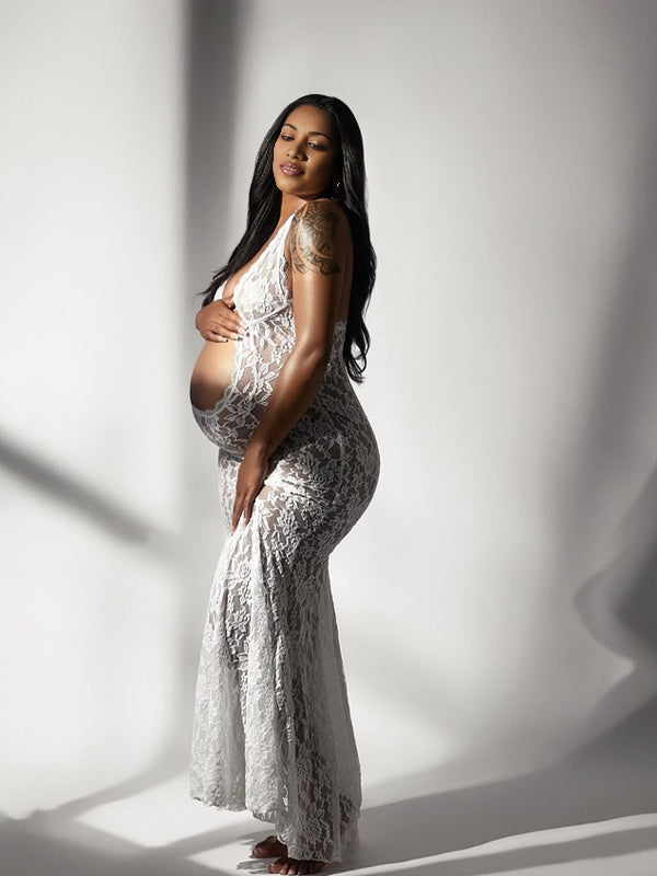 Vestido Largo De Maternidad Con  Transparencias, Perfecto Para Una Elegante Sesión De Fotografía