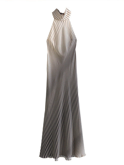 Vestido Maxi Maternidad De Satén Rayas Cuello Halter y Sin Mangas