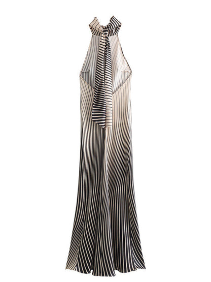 Vestido Maxi Maternidad De Satén Rayas Cuello Halter y Sin Mangas