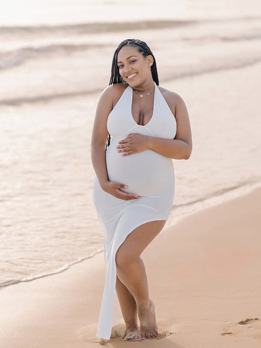Vestido De Maternidad Escote Profundo Y Abertura Lateral Cuello Halter Para Fotos