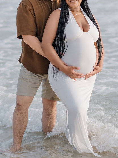 Vestido De Maternidad Escote Profundo Y Abertura Lateral Cuello Halter Para Fotos