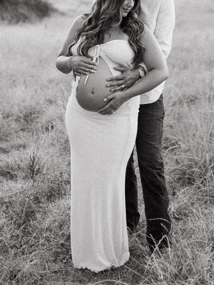 Vestido Maxi De Maternidad 2 En 1 Con Escote Bandeau Y Corte Entallado Para Sesión De Fotos