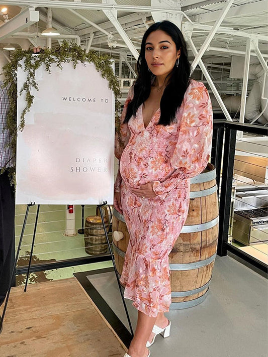Vestido Largo Para Baby Shower Maternidad  Floral Smocked y Escote en V