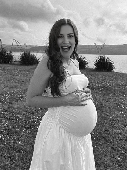 Color Sólido Acanalado Anudado Correa Ajustable Bolsillos Big Swing Para Baby Shower Maternidad Vestido Largo