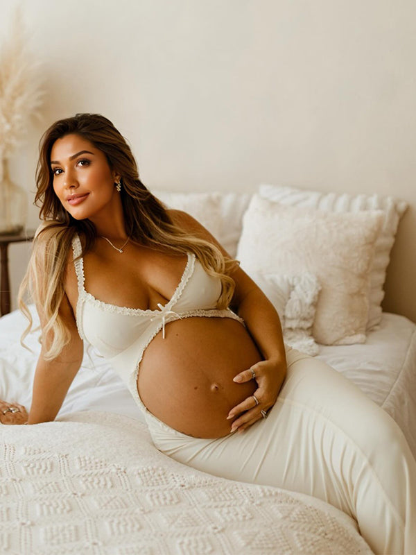 Blanco Tirantes Backless Volantes Ajustado Cóctel Bata Fotografía Maternidad Vestido Largo