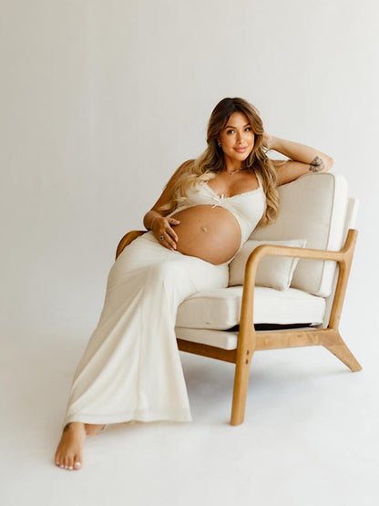 Blanco Tirantes Backless Volantes Ajustado Cóctel Bata Fotografía Maternidad Vestido Largo