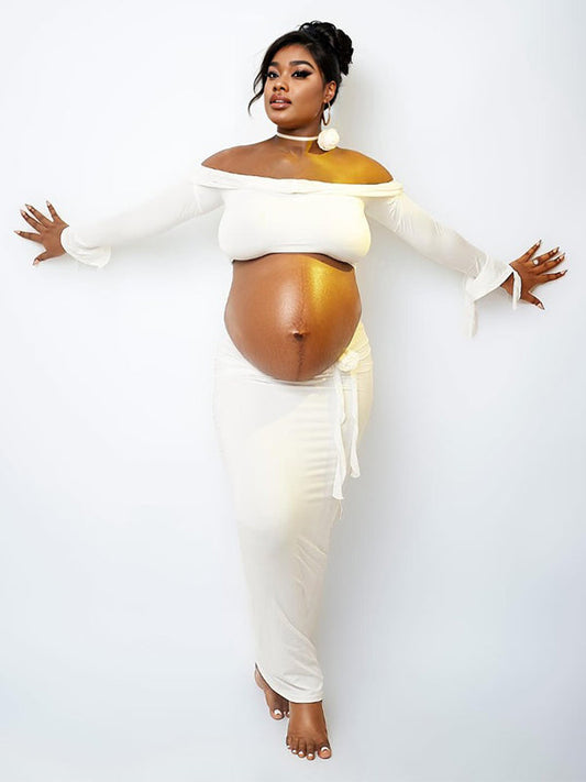 Vestido Lagro De Premama Con Hombros Descubiertos Y Volantes Para Sesión De Fotos